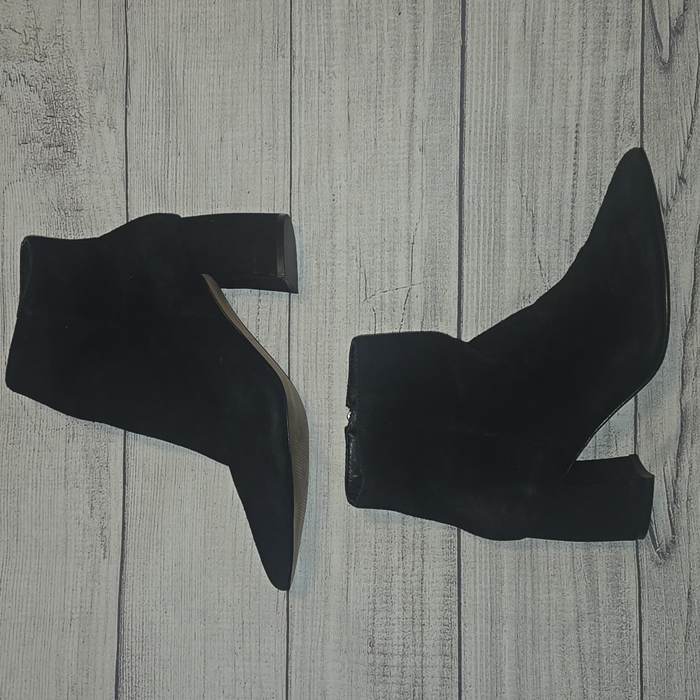 Marc Fisher Retire Pointed Toe Block Heel Suede Leather Booties Black Size 8 - Picture 2 of 8